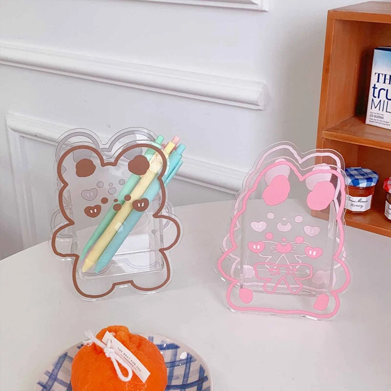 

Acrylic Cute Bear Flower Pen Holder Multifunctional Desktop Organizer Transparent Storage Box Kawaii School Stationery