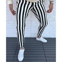 man casual black white pants fashion male clothes slim fit quality middle waist classic striped trousers trend retro streatwear