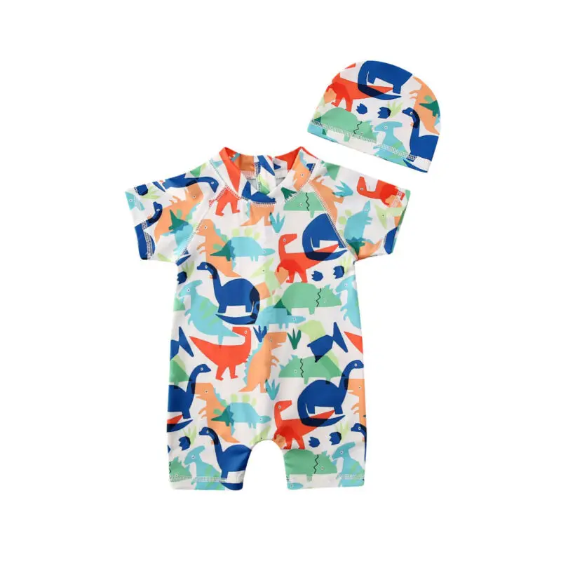 2020 Summer Swimsuit Toddler Baby Kid Boy Sun Protective Swimwear Rash Guard Costume Short Sleeve Dinosaur Colorful Bathing Suit |