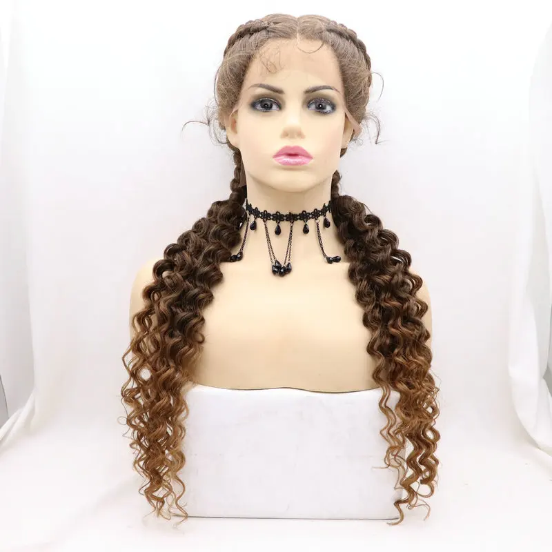 Melody Synthetic Lace Front Wigs 2X Double Twist Braided Curly Natural Black Mixed 30#Brown for Women Natural Looking Drag Queen