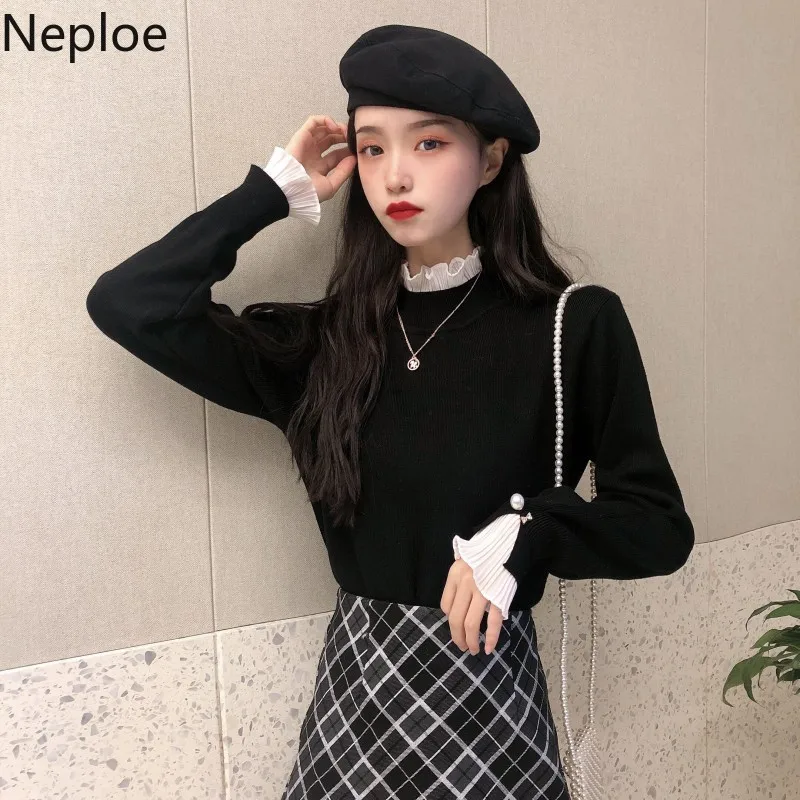 Neploe дизайнерский шерстяной свитер с ушками высоким воротником кружевами в стиле