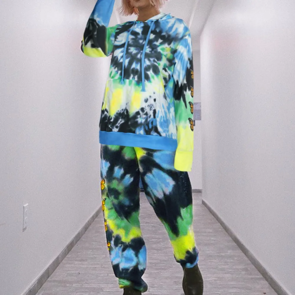 

New Set Women Tracksuits Tie Die Sweatpants And Hoodies Butterfly Printed Sweatshirt Loose Hoodies Joggers Two Pieces Sets