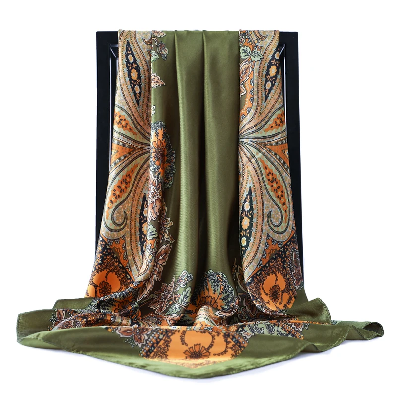 Шелковые платки женские с принтом, шарфики из сатина на квадратной голове хиджаба, платки для дам бренда роскошные шали, бандана-шарф женский муфлер 90 см.