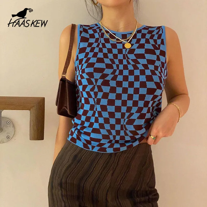 

HAASKEW Check Pattern Blouse Fashion New Ladies Sleeveless Knit Vest Plaid Print Summer Street Casual Slim Fit Comfortable Vest