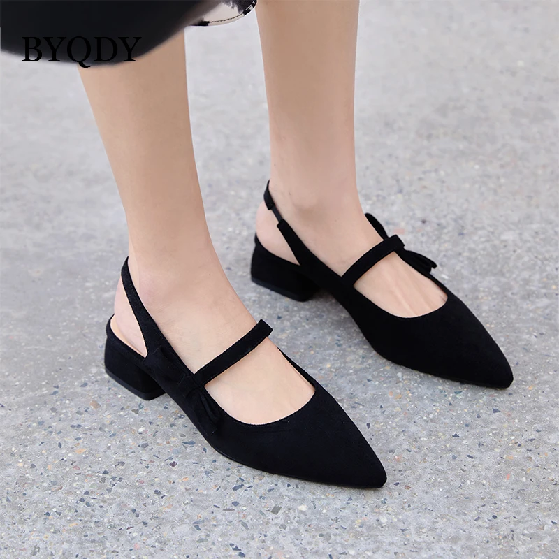 

BYQDY Trendy Med Heels Female Pumps Buckle Suede Woman Dress Shoes Pointed Toe Black Pink Apricot Bow-knot Spring Shoes Plus 43