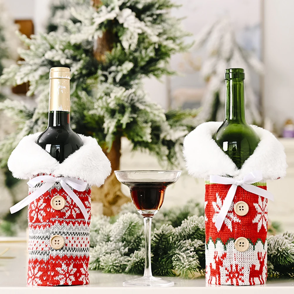 

1pcs Christmas Wine Bottle Cover Creative Christmas Ornaments Knitted Buttons Snowflake Wine Bottle Cover Red Sweater Wine Cover