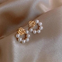 korean hollowed out rose pearl earrings temperament net red girl small fashion earrings