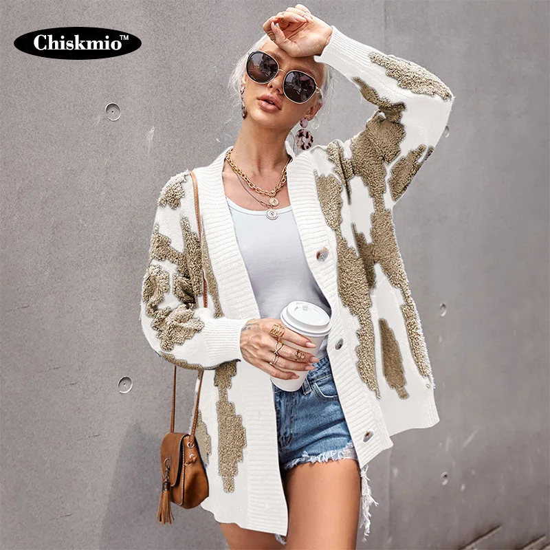 

OL Style Geometric Pattern Cardigans Sweater Women Knitted Coat Winter V-neck Single-breasted Cardigan Sweaters Female Clothing