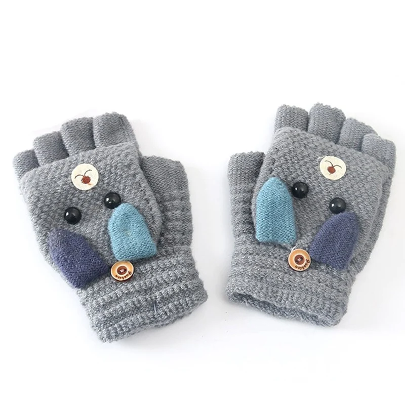 

New Fashion Children's Warm Gloves Winter Cute Cartoon 6-12 Years Old Students Cashmere Knit Flip Half Finger Gloves