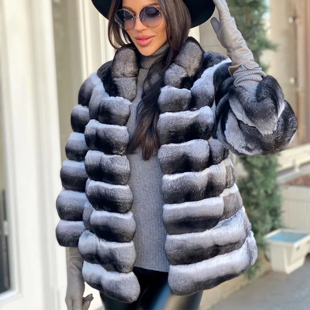 Winter Women Natural Rex Rabbit Fur Coat Stand Collat 2022 New Trendy Woman High Street Full Pelt Genuine Rex Rabbit Fur Jacket