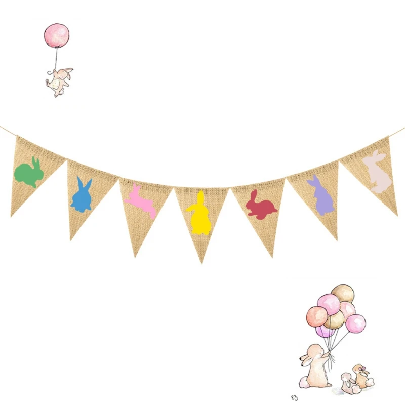 

Easter Rabbit Hanging Bunting Flag Bunny Banner Garland Linen Pennant Wall for Home Kitchen Party Hanging Figurine Decorations