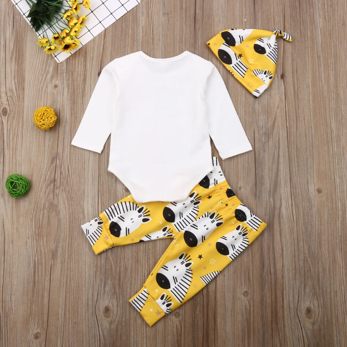 3PCS Newborn Kids Baby Girl Boys Outfits Clothes Sets Cartoon Print Romper+Zebra Pants Hat Set | Детская одежда и обувь