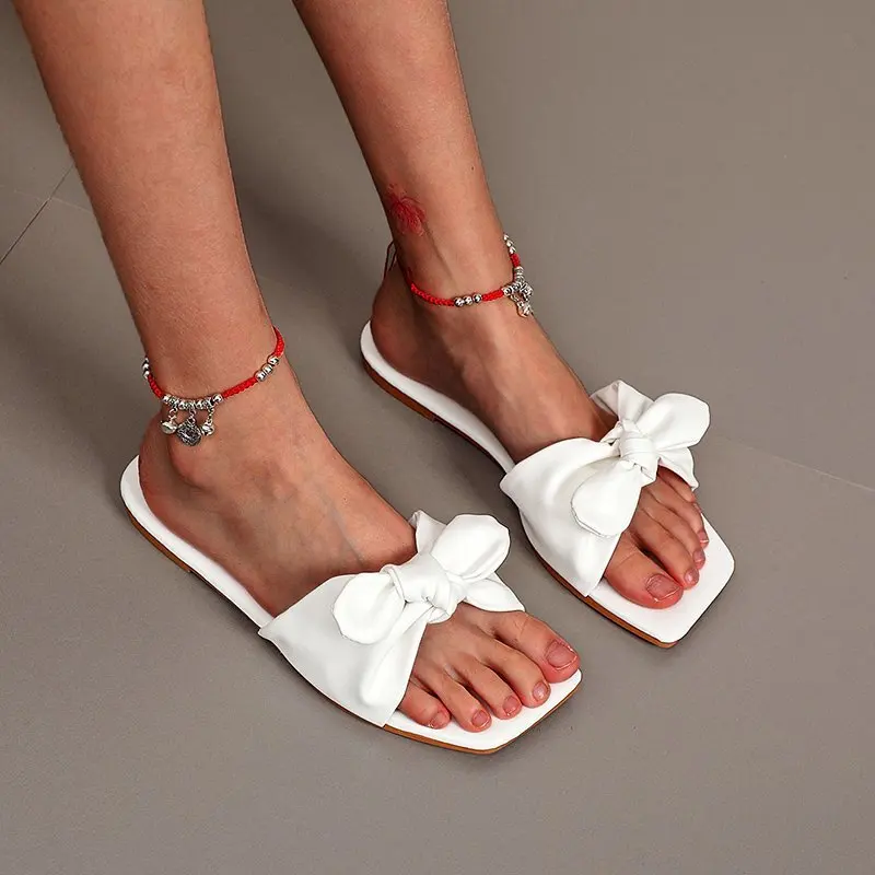 

Women Bowknot Slippers 2021 Summer New Women's Leather Flats Fashion Indoor Shoes Ladies Comfort Female Shoes Zapatillas Mujer