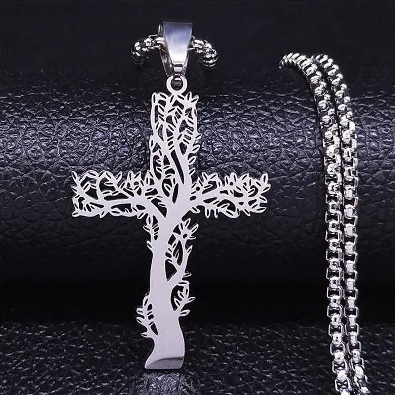 Ожерелье с подвеской-крестом из нержавеющей стали изображением дерева жизни