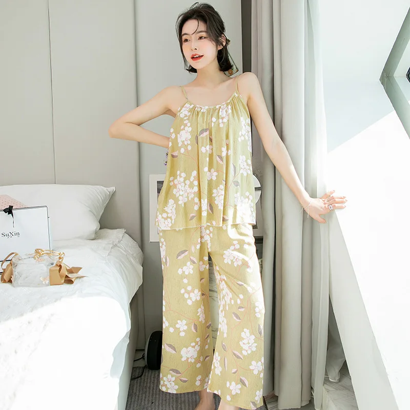 

2021 Spring Printed 2PCS Pajamas Cotton Women Sleepwear Loose Casual Nightwear Soft Sleep Set Sleeveless Sling&Pants Suit