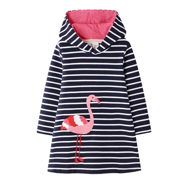 Little maven Spring and Autumn Hoodie Dress for New Year 2022 Cotton Lovely Flamingo Bird Casual Clothes for Baby Girls Kids 2-7