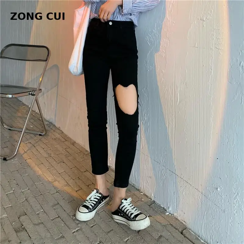 

Женские облегающие джинсы с высокой талией, черные повседневные брюки-карандаш с вырезами в Корейском стиле, модель 2021 на лето