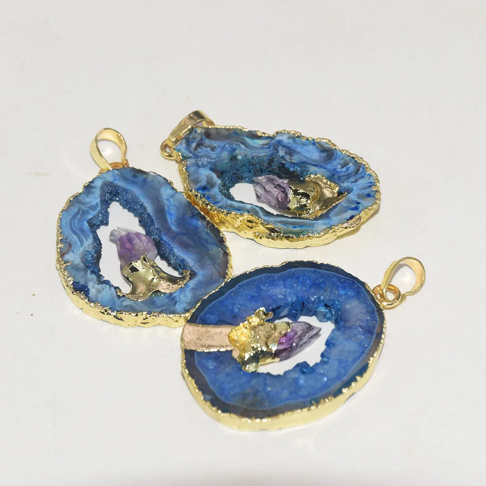 

2023 New Natural Slice Geode Druzy Stone Pendant women's Blue big Hole Irregular gold charms agate heart gem DIY accessories