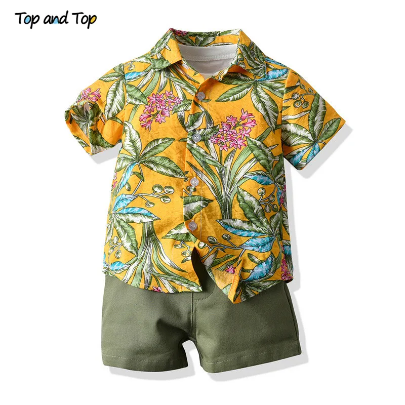 Top and Top Hawaiian Style Kids Boys Casual Outfit Short Sleeve Cotton Tshirt+Printed Shirt+Shorts Children 3Pcs Suits for Beach