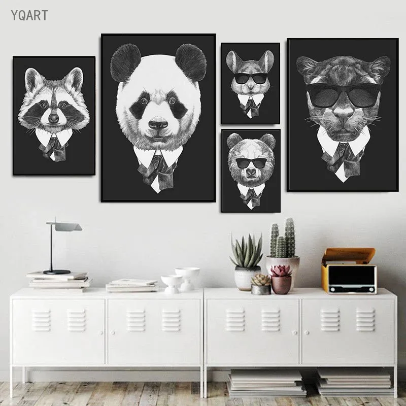 Современная Картина на холсте черные белые нежные животные с костюмом настенные