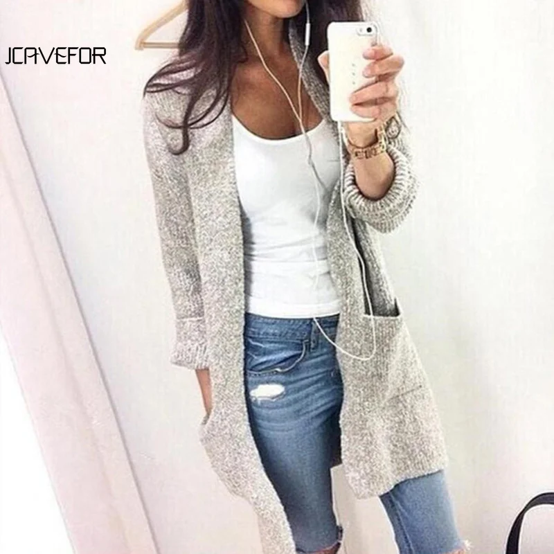 Женский вязаный свитер с длинным рукавом и большим карманом |