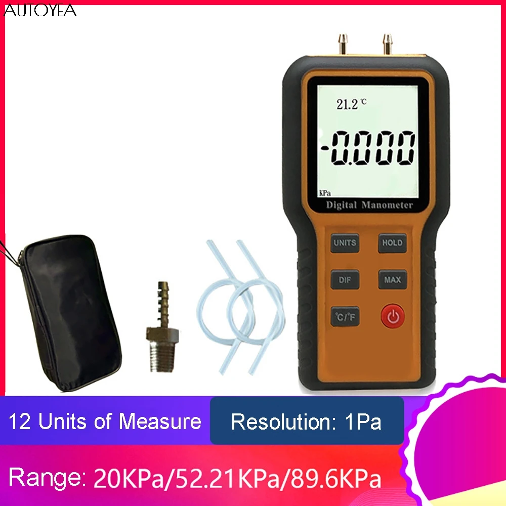 Digital Manometer Air Pressure Gauge Handheld Digital Differential Natural Gas Pressure Meter HVAC 12 Units Measure Manometro