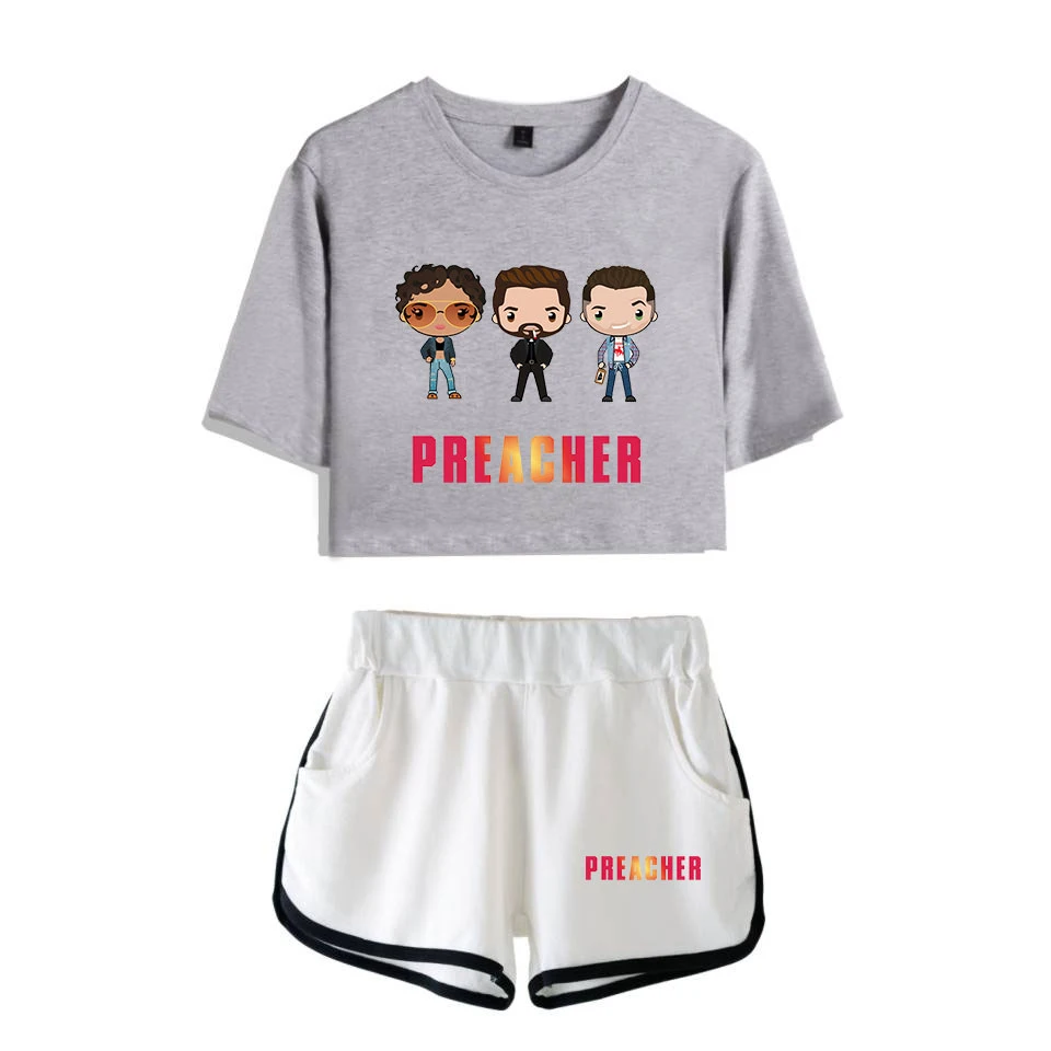 

Preacher 2pc set streetwear navel T-shirt + shorts sets 2019 comfy women's shorts set 100% cotton