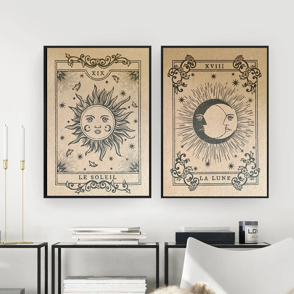 Постер в богемном стиле черный Солнце Луна Таро карточка Картина на холсте