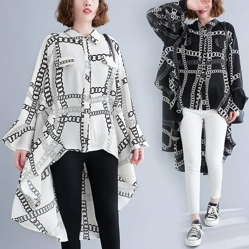 

Women Shirts Print Chiffon Plus Size The Front Is Short and The Back Is Long Irregular Shirt Spring Autumn Long Sleeve Tops