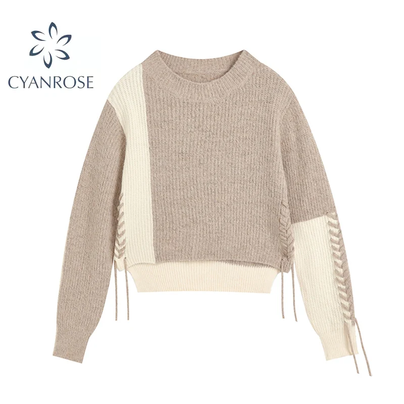 

O-neck Loose Long-Sleeved Knitted Pullover Women's 2021 New Autumn Winter Irregular Spliced Drawstring Ladies Casual Sweater