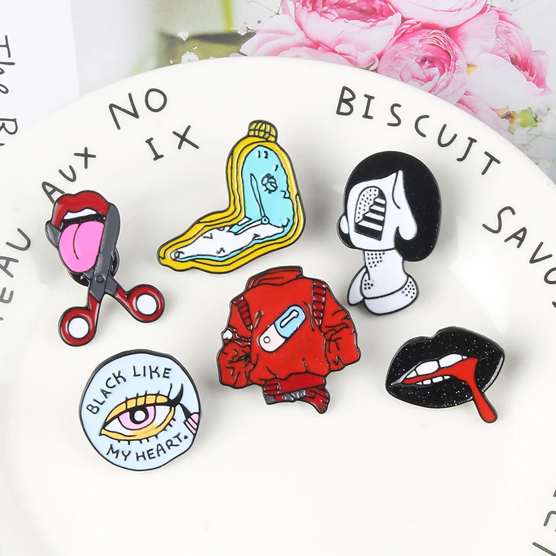 Artist Brooch！ Eyeliner Lips Pill Tongue Enamel Pins Twisted Clock Girl Badge Brooches Denim Jackets Lapel Pin Punk Cool Jewelry