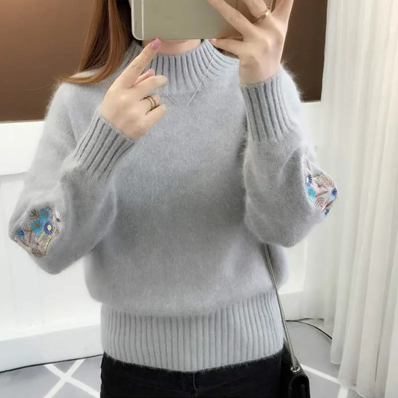 gray sweater women RealShe, Осенний женский свитер,, водолазка, длинный рукав, вышивка, толстый кашемировый свитер для женщин, элегантный осенний свитер для женщин - Цвет: gray sweater women