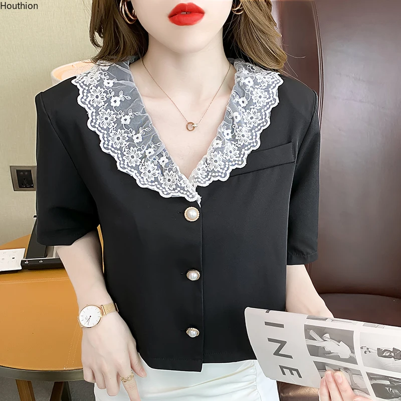 

Chiffon Slim Women's Blouses New Casual Blouse Solid Color V-neck with Lace Button Shirt Summer Fashion Short Sleeve Top 30037
