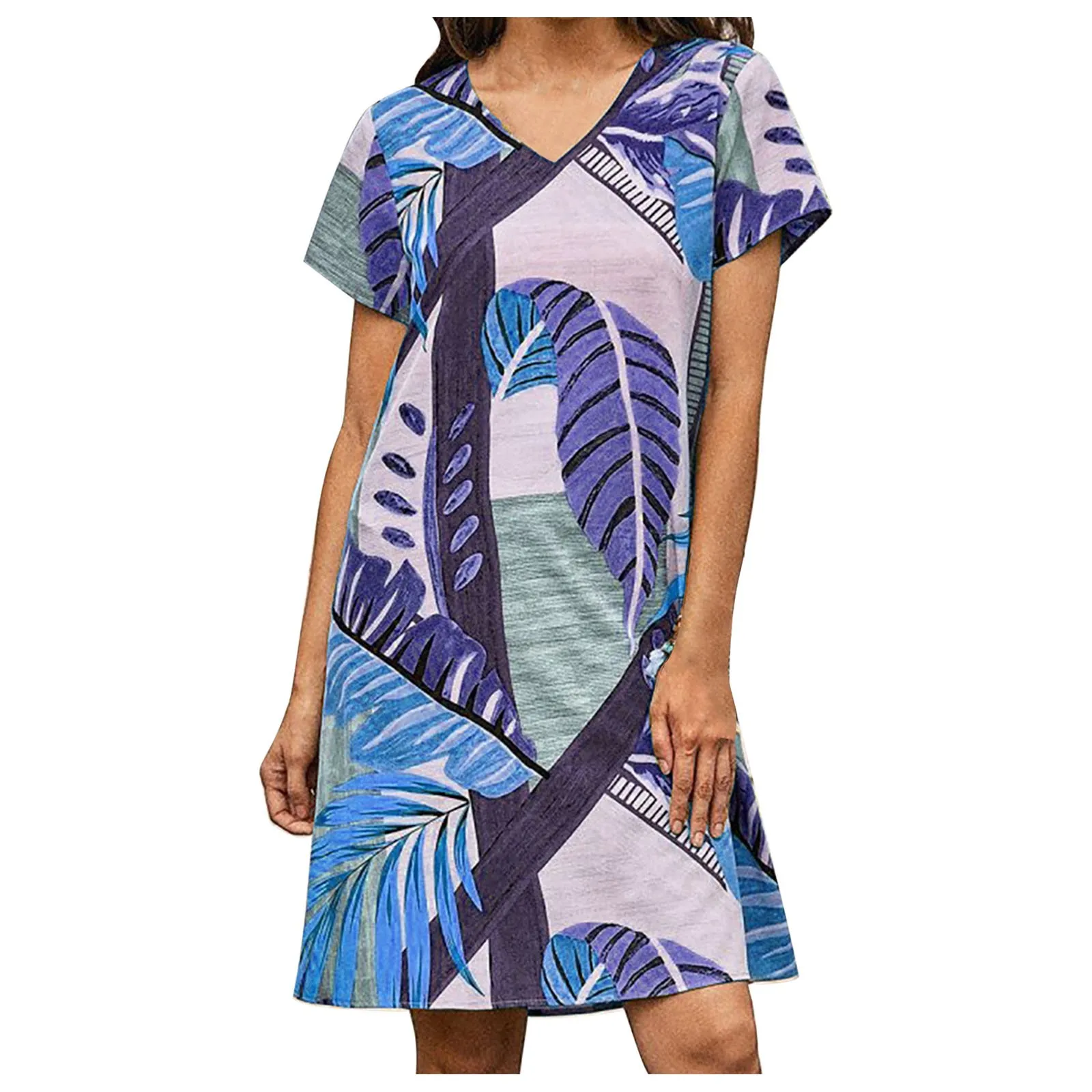 

Dress 2021 Summer Women's Leaf Print Loose Skirt Casual Short-sleeved V-neck Dress Mini Dress Sundress Sexy Dresses