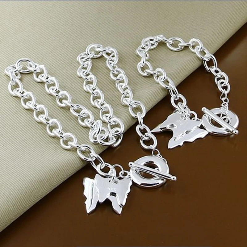 Classic Jewelry Sets 925 Sterling Silver Insect Double Butterfly Necklace Bracelet Set Woman Man Accessories | Украшения и