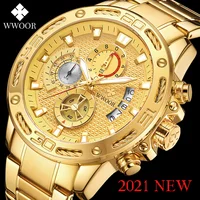 Мужские кварцевые часы WWOOR, водонепроницаемые золотые часы из нержавеющей стали, спортивные часы с хронографом, 2021