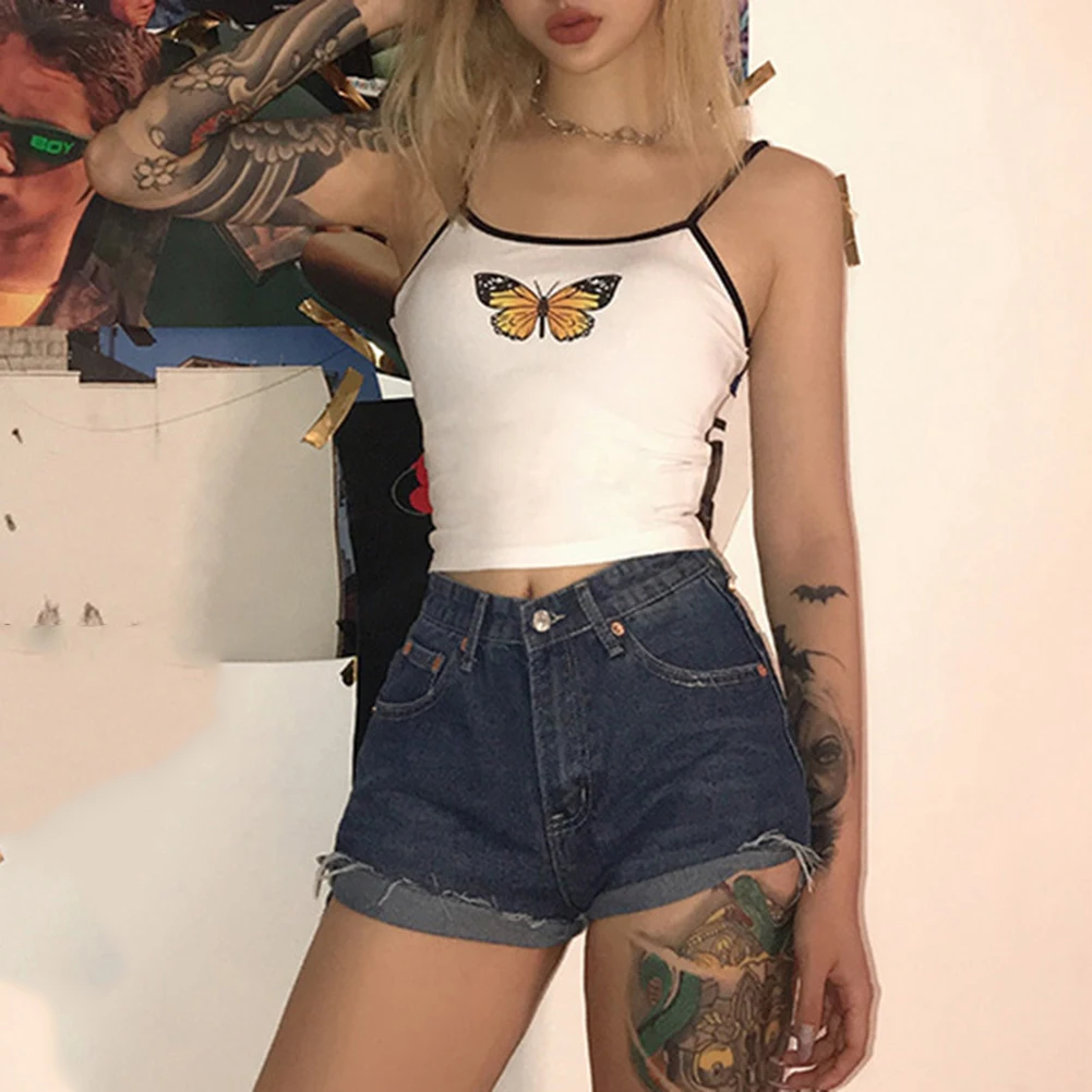 Майка женская с принтом бабочек пикантный Топ без рукавов на бретелях жилет