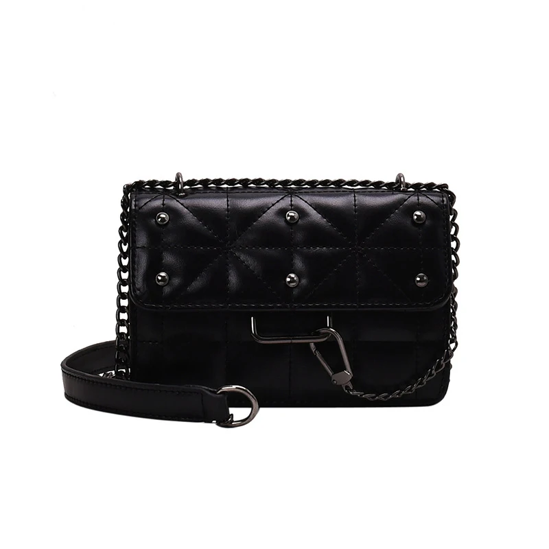 

[EAM] Women New Rivet Chains Square PU Leather Flap Personality All-match Crossbody Shoulder Bag Fashion Tide 2021 18A1649