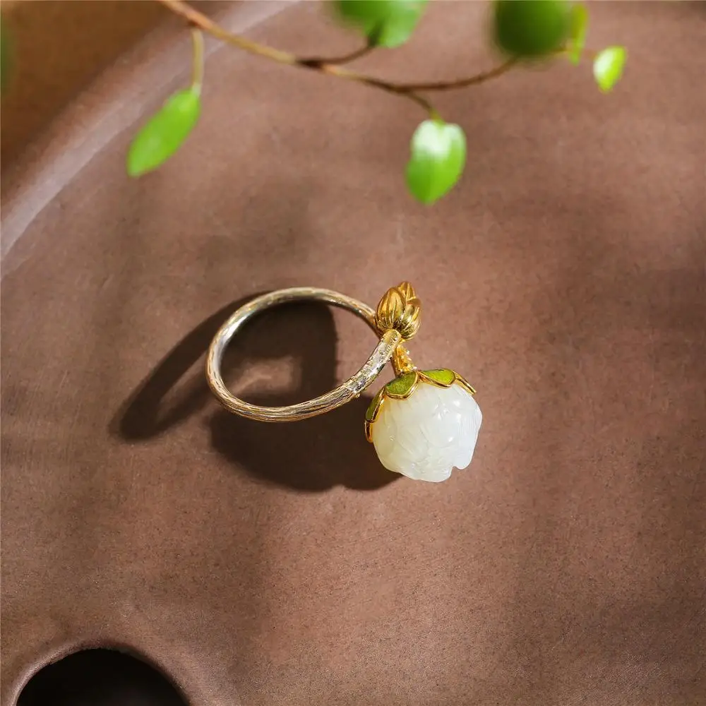 Uglyless Enamel Lotus Rings for Women Natural Jade Flower Open Real 925 Silver Fine Jewelry Gemstones Bijoux R810 | Украшения и