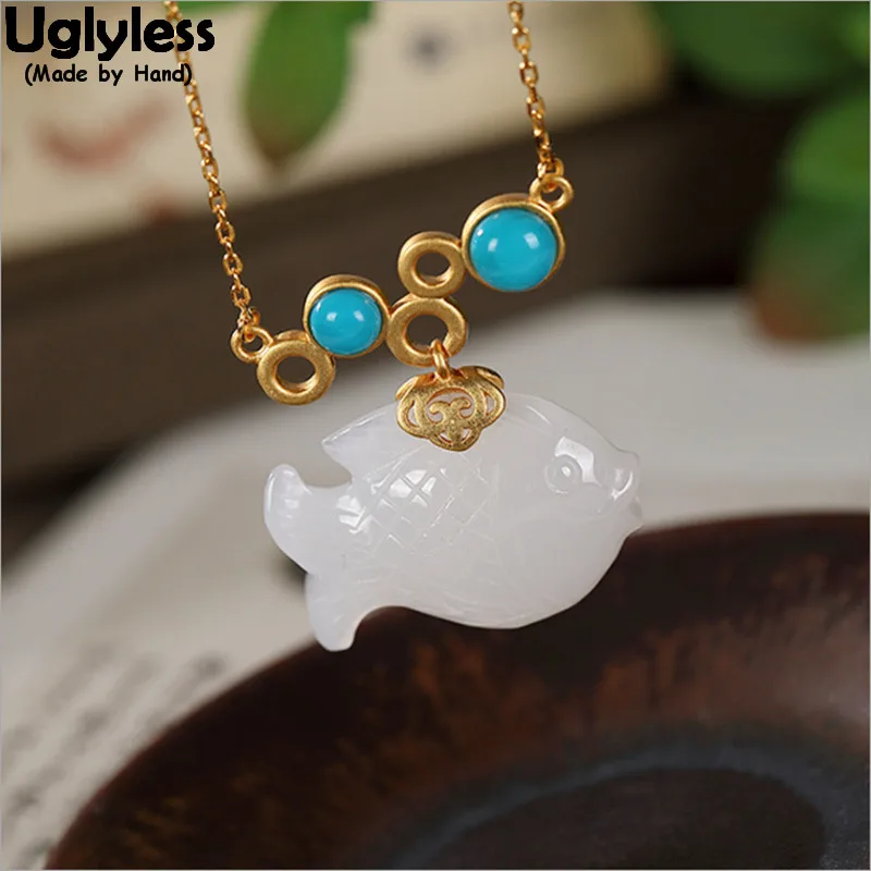 

Uglyless Handmade Jade Fish Pendants for Women Ethnic Turquoise Necklaces + Chains 925 Silver Gemstones Fishes Animals Jewelry