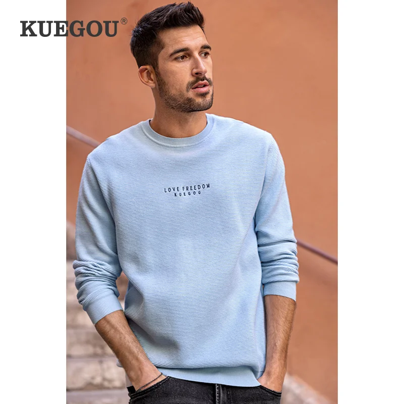 

KUEGOU 2022 Spring 100% Cotton Plain Black Letter Sweater Men Pullover Casual Jumper For Male Wear Brand Knitted Clothes 12596