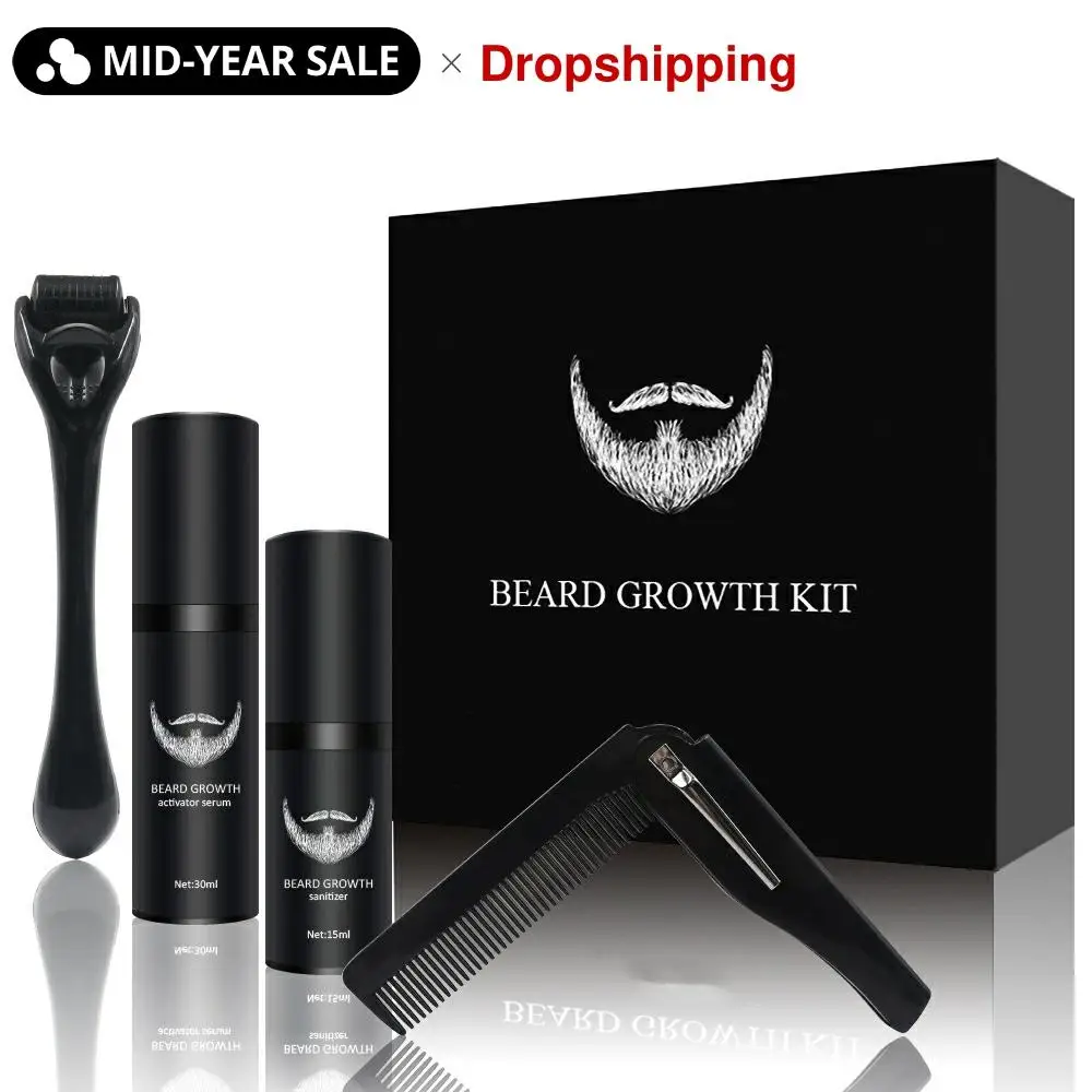 

4 Pcs/Set Men Beard Growth Kit Hair Growth Enhancer Thicker Oil Nourishing Leave-in Conditioner Beard Grow Set with Comb
