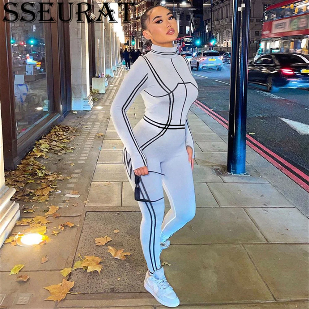

SSEURAT Striped Long Sleeve Bodycon Jumpsuit Autumn Winter Women Fashion Streetwear Outfits Romper