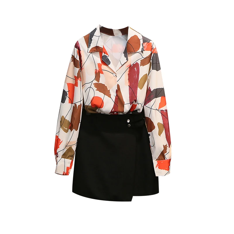 

Large Size Ladies' Spring New Print Shirt Black Irregular Skirts Two Pcs Leisure Suits Office Lady Outfit Vogue Fashion Set