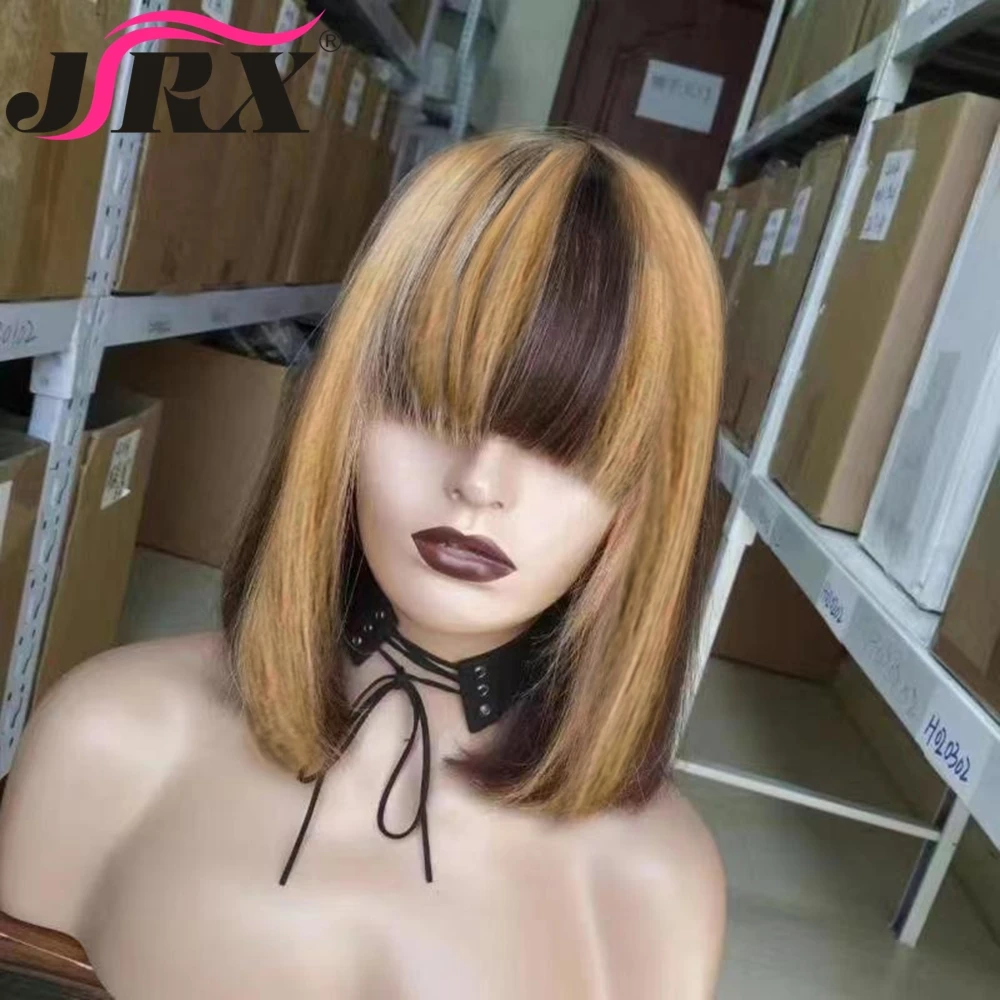 Honey Blonde Full Machine Made Human Hair Wigs With Bangs Brazilian Short Bob Remy Hair For Women Highlight Human Hair Wigs