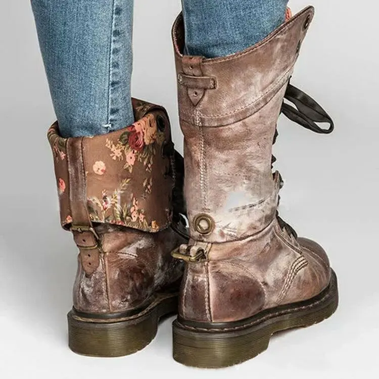 

colored lace Leather button mid boot, autumn and winter boots, up boots
