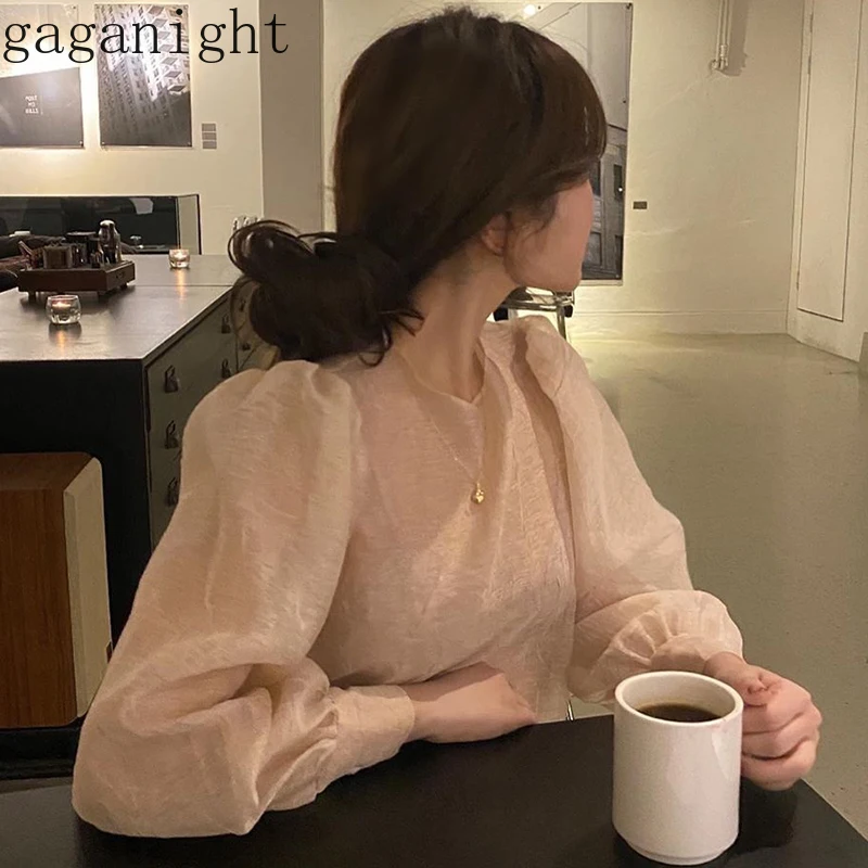 Gaganight элегантная женская блузка с длинным рукавом и круглым вырезом прозрачная