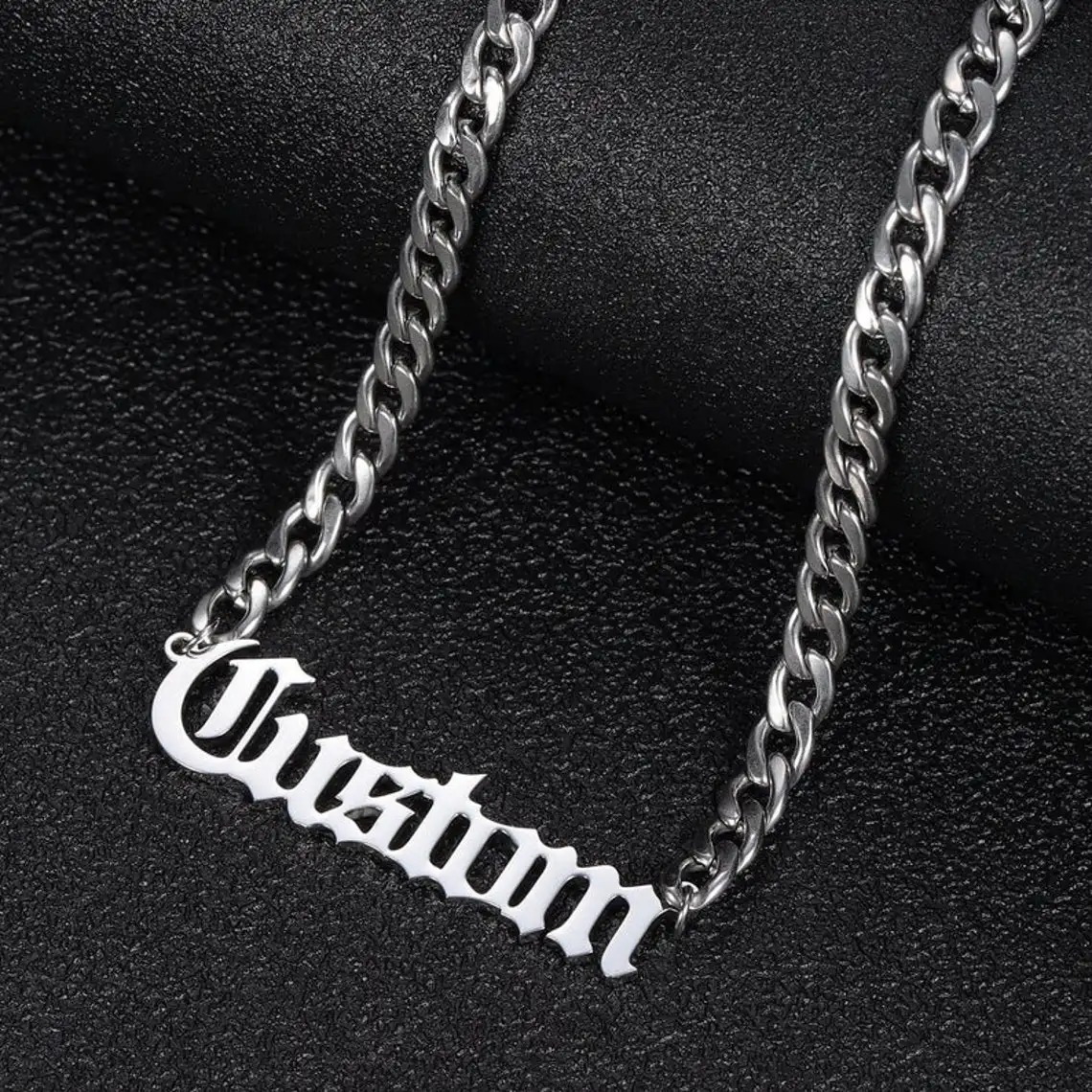 

Personalized Old English Name Necklace Stainless Steel Curb Chain Custom Font Pendant Handmade Men Jewelry For Women Bridesmaid