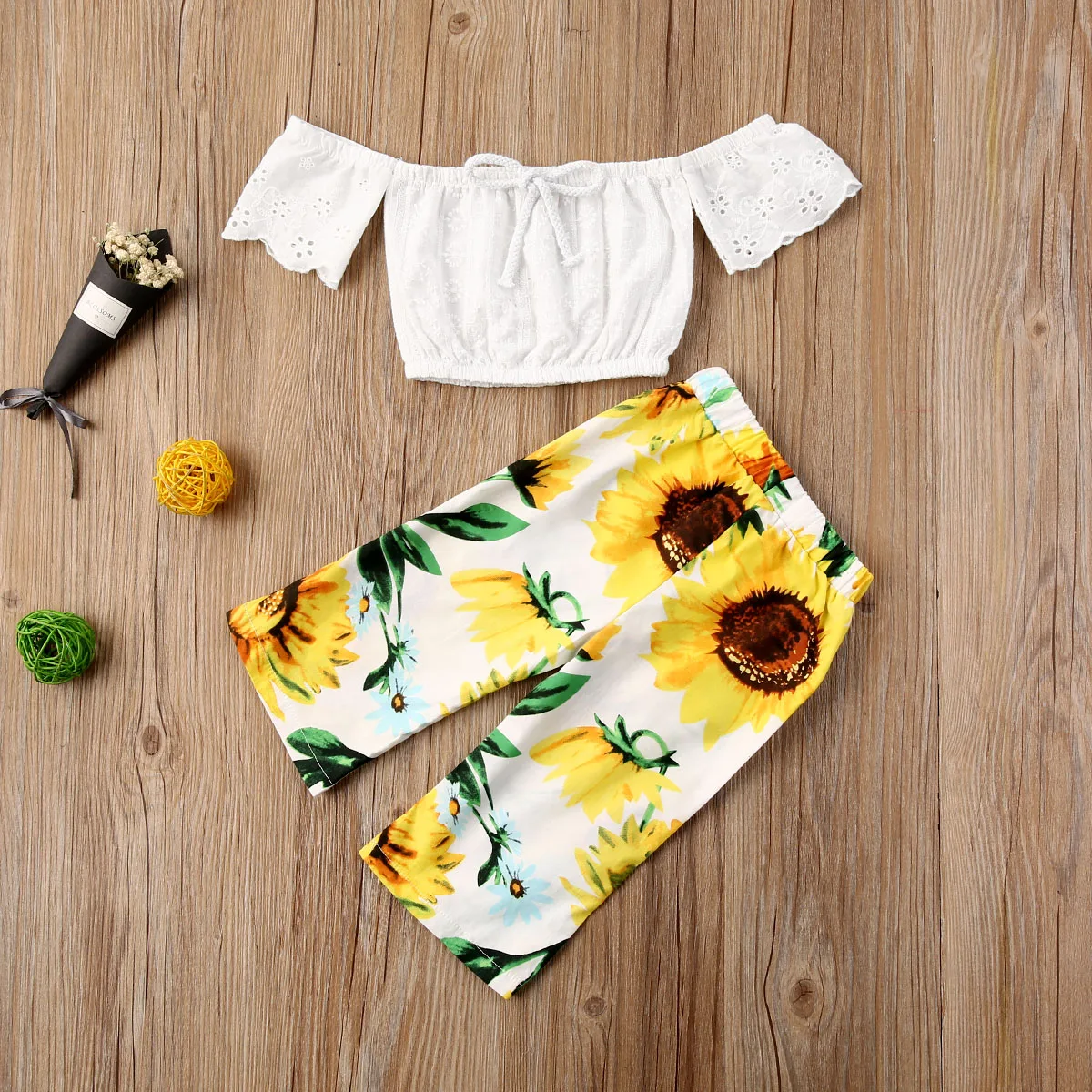 

AA 2PCS Toddler Sunflower Clothes Kids Baby Girl Clothes Lace Tops Pants Trousers Summer Outfits Girls Clothing