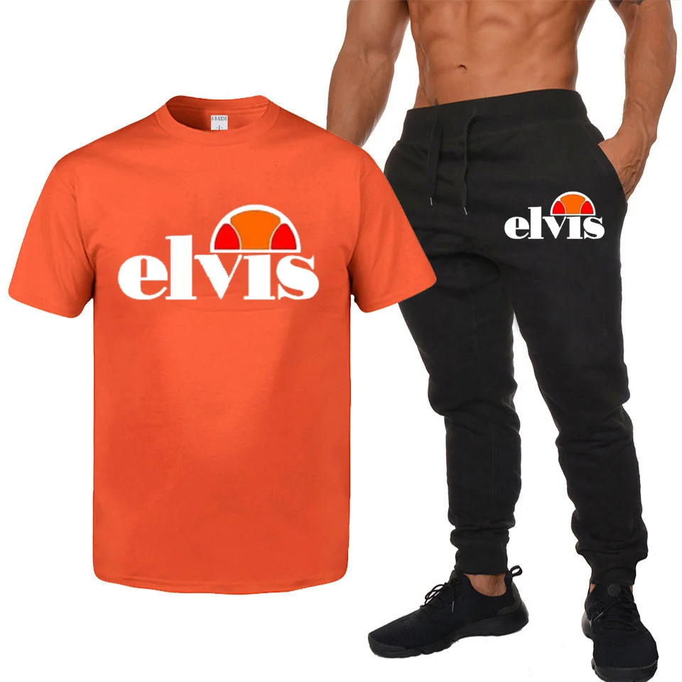 

Summer new outdoor travel leisure cotton fabric short sleeve sports slim running fitness trend printed T-shirt + trousers set